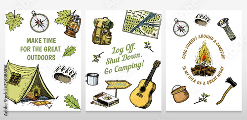 Set of camping cards. poster or print template. outdoor adventure and hiking. Traveling, tourism trip. engraved hand drawn in old sketch, vintage style. guitar and bear step, map and tent.