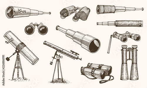 Binoculars or field glasses. Military set. vintage telescopes and optical equipment. engraved hand drawn old line icon. retro sketch style. Concept of active travel, exploration, discovery. photo