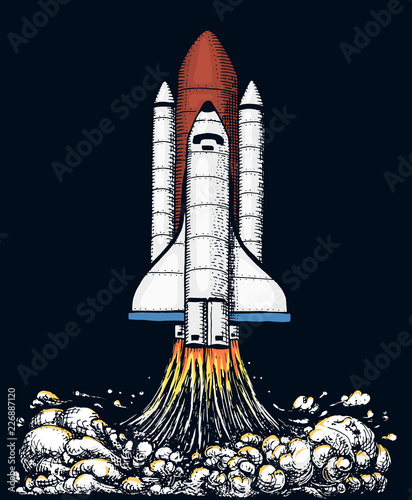 space shuttle takes off. astronomical astronaut exploration. engraved hand drawn in old sketch, vintage style for label, startup business or T-shirt. flying ship. rocket launching to the sky.