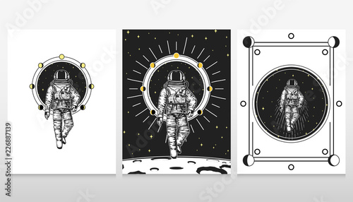 astronaut spaceman cards. Moon phases planets in solar system. astronomical galaxy space. cosmonaut explore adventure. engraved hand drawn in old sketch, vintage style for label or T-shirt.