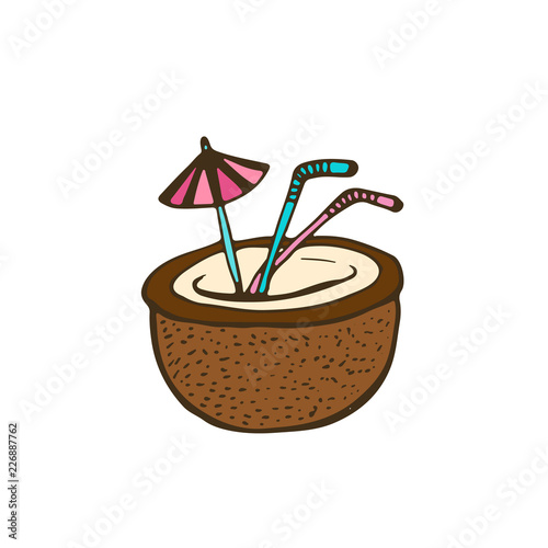 Coconut Drink illustration. Sticker print design. Tropical cocktail.