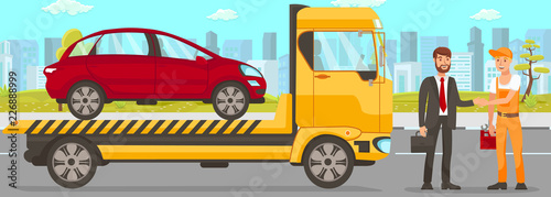 Tow Truck and Driver Services. Vector Illustration