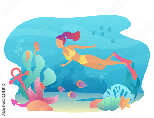 Woan snorkeling swims underwater with sea flora and fauna. Summer sport leisure. Female diving vector illustration.