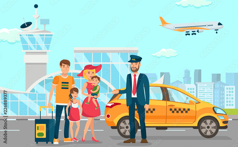 Taxi Services in Airport. Vector Flat Illustration Taxi Services in Airport. Vector Flat Illustration