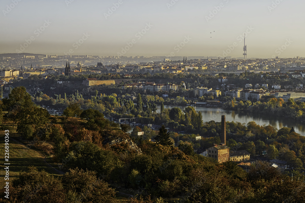 Beautiful HDR landscape panorama of Prague with vysehrad castle taken from Zvahov hill.