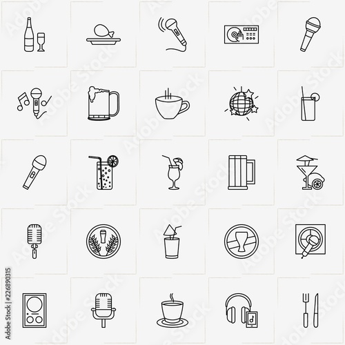 Bar line icon set with cup of tea, loudspeaker column and karaoke