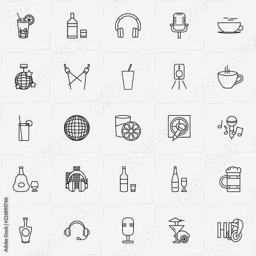 Bar line icon set with fresh juice, microphone and loudspeaker column