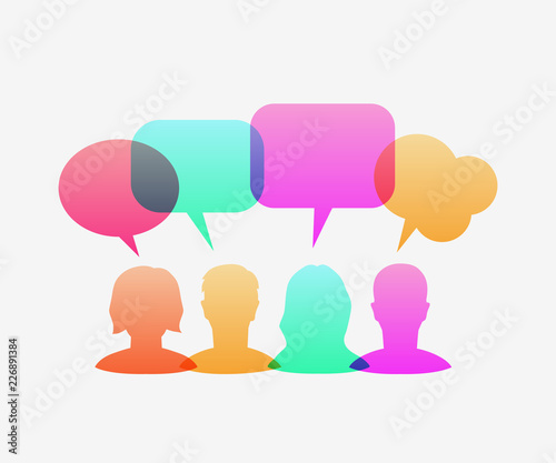 People icons with colorful dialog speech bubbles. Communication and social media concept. Vector illustration