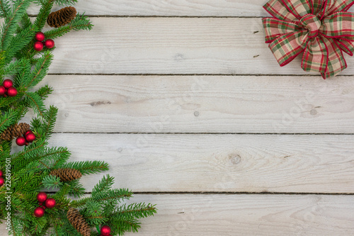 Holiday border with greenery along the left side  and copy space