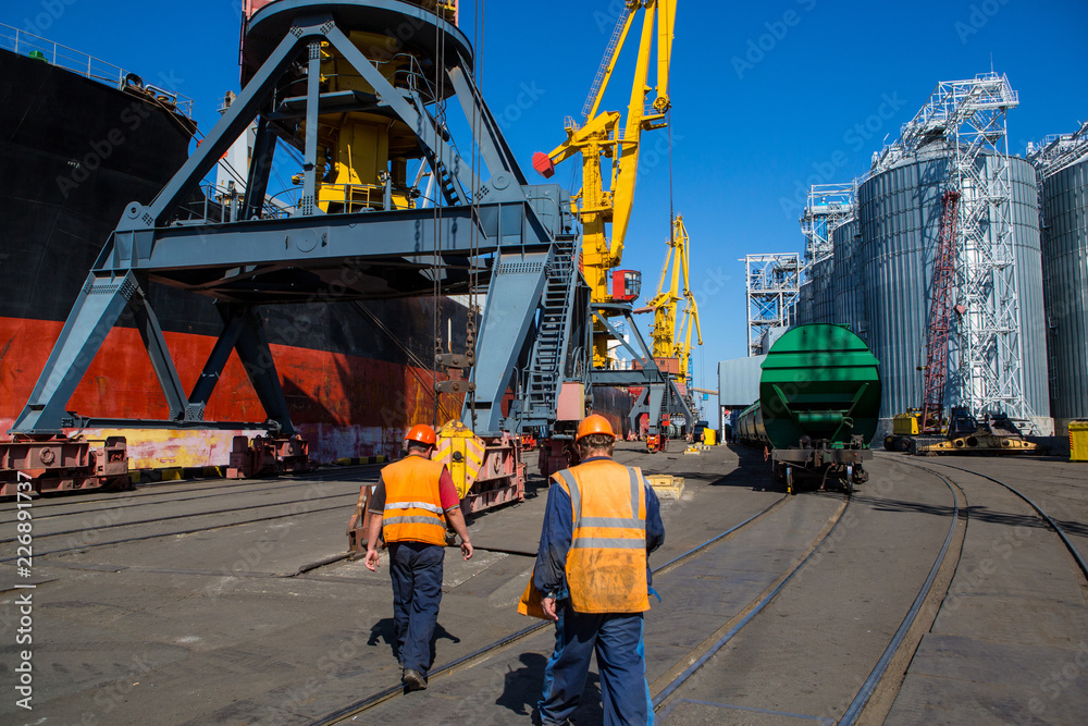 Fototapeta premium Panamax bulk carrier loaded with wheat. Ship at grain terminal. Port elevator with bulk carrier