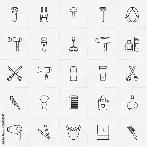 Barbershop line icon set with wig, razor and hair dryer