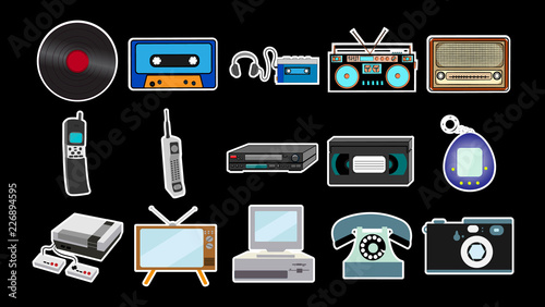 Set of stickers of old retro vintage antique hipster mobile phones, tv, audio recorder, player, audio tape, video tape, video recorder, game console, camera, computer, radio. Vector illustration