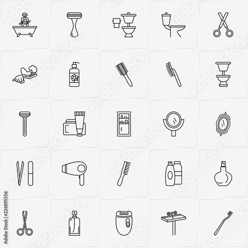 Bathroom line icon set with razor, liquid soap and bathroom shelve
