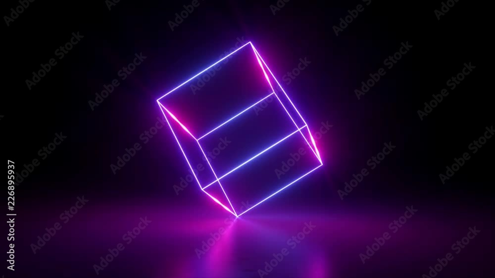 3d render, abstract geometric background, fluorescent ultraviolet light, glowing neon lines rotating, blue red pink purple spectrum, spinning around cube, modern colorful illumination, 4k animation