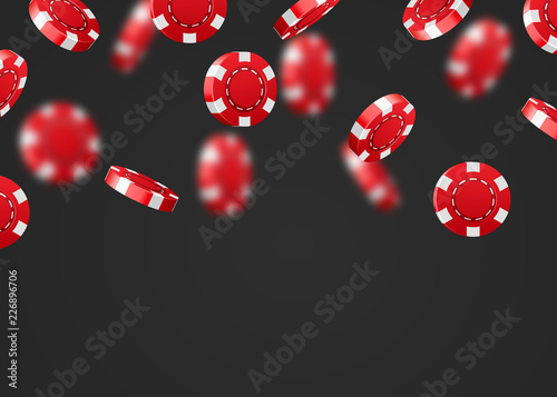 Red flying falling casino poker chips isolated on dark background. Jackpot or winner concept. Vector illustration