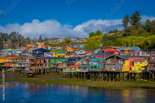 Houses on stilts palafitos in Castro, Chiloe Island, Patagonia photo