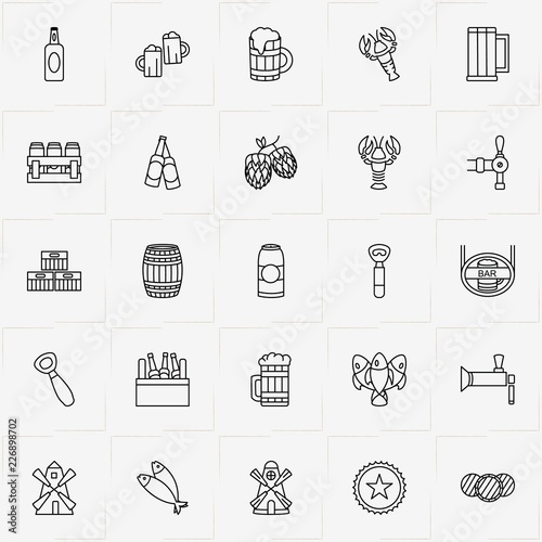 Beer line icon set with beer cover, mill and star logo