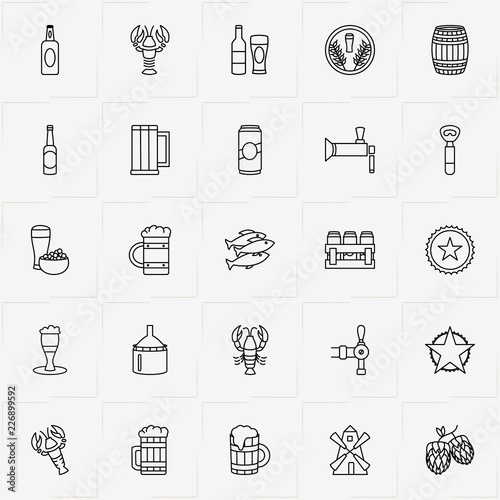 Beer line icon set with case of beer, beer can  and bottle opener
