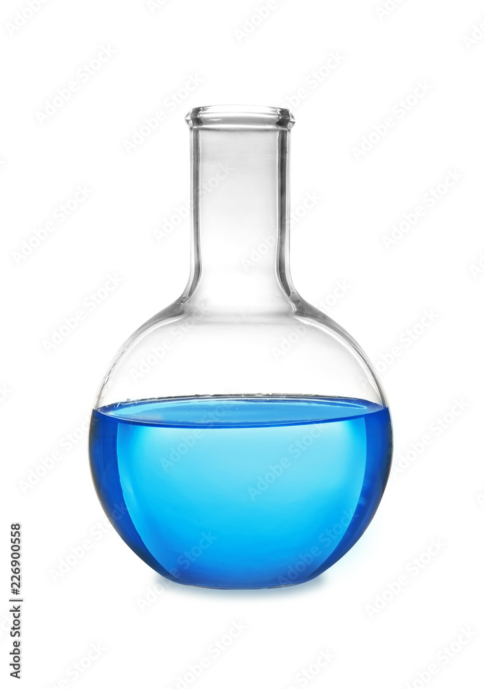 Flask with liquid on table against white background. Laboratory analysis