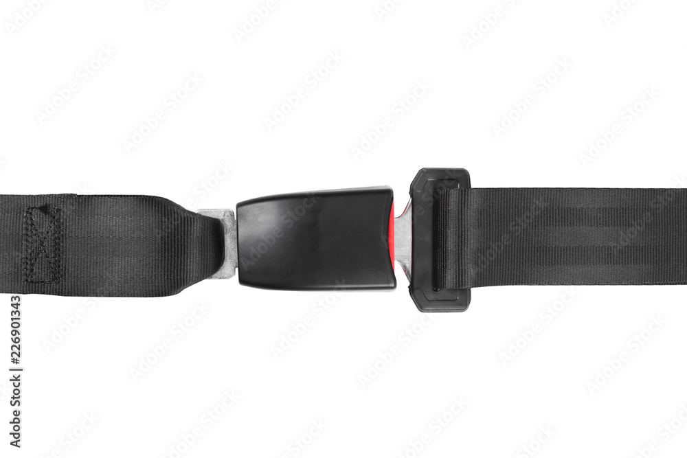 Fototapeta premium Fastened car safety seat belt on white background, top view