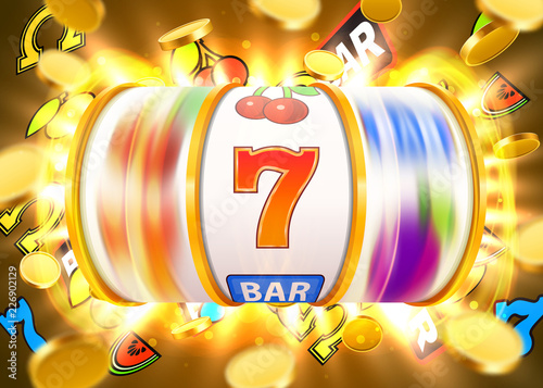 Golden slot machine with flying golden coins wins the jackpot. Big win concept. Vector illustration photo