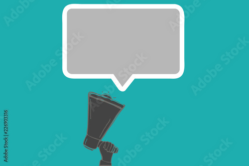 Flat design Vector Illustration Empty esp template copy text for Ad, promotion, poster, flyer, web banner, article. Human Hand Holding Upward Megaphone and Blank Speech Bubble with Border