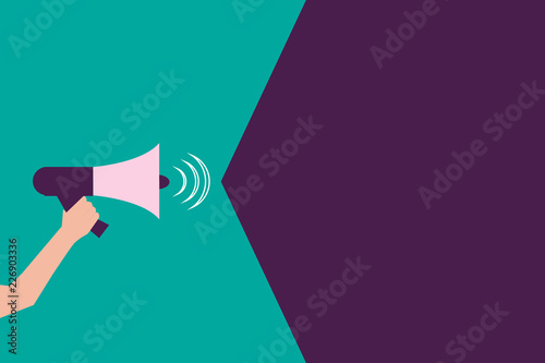 Flat design business Vector Illustration concept copy text for esp Web banners promotional material mock up template. Human Hand Holding Megaphone with Sound Volume Effect icon Text Space