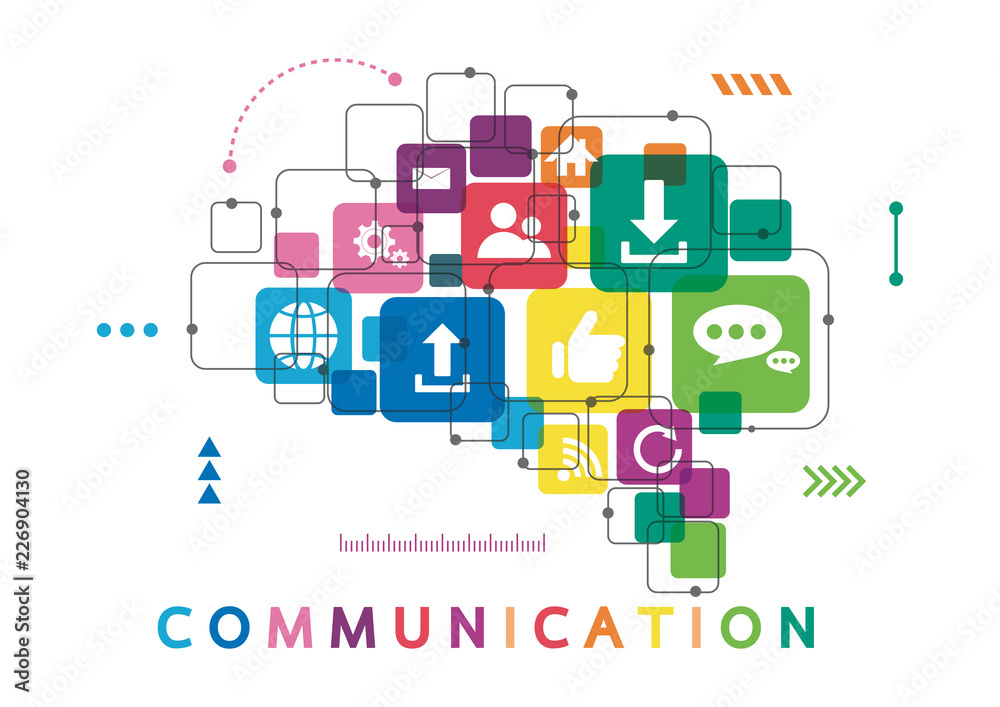 Vector illustration of a communication concept. The word communication with colorful dialog speech bubbles