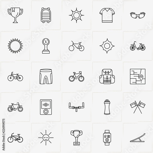 Bicycle Sport line icon set with sport spectacles, sport shirt and electronic watch