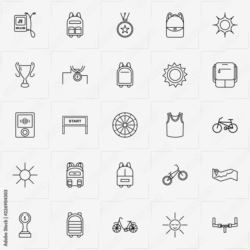 Bicycle Sport line icon set with sport shirt, trophy and music player