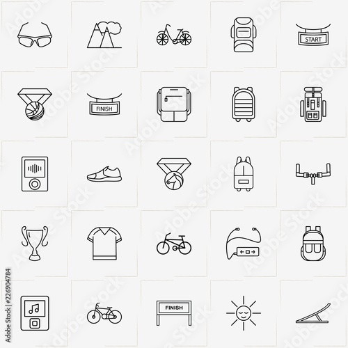 Bicycle Sport line icon set with sun, springboard and medal