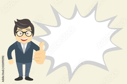 Flat design business Vector Illustration Empty copy space for Ad website promotion esp isolated Banner template. Man in Suit Standing Making Thumbs Up and Blank Explosion Speech Bubble