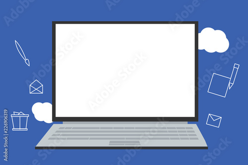 Flat design business Vector Illustration Empty copy space for Ad website promotion esp isolated Banner template. Open Laptop with Blank Screen and Writing icons Floating on Cloudy Backdrop