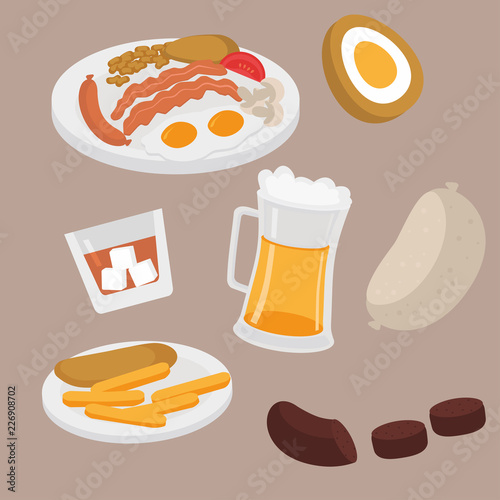 Scottish plate with sausage, egg, becon, tomato, mushrooms and beans. Edinburgh cafe menu. Street food Fish and chips. Beer pub in Scotland. Whiskey, Haggis and black pudding.