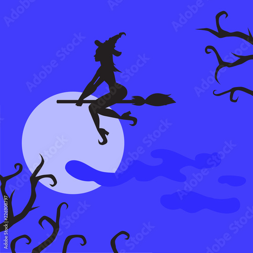 Flat Halloween creepy witch on the broom greeting card celebration. Spooky landscape and enchantress woman silhouette