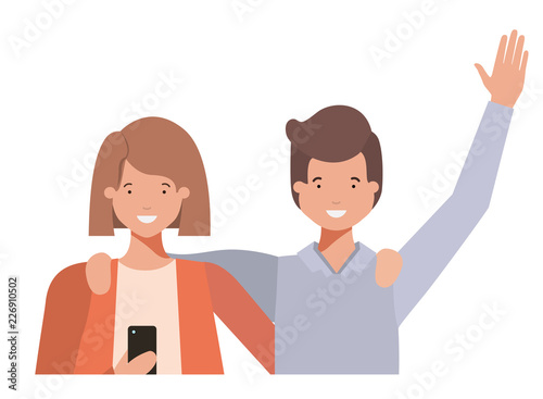 couple with hands up and smartphone avatar character