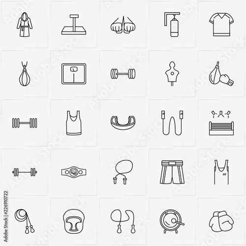Boxing line icon set with sport shirt, boxing gong and scales