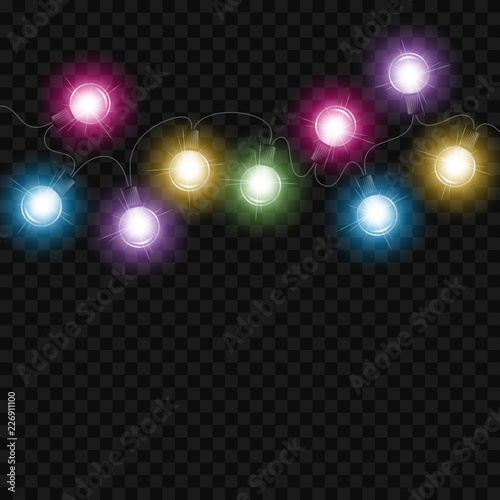 Festive garland lights on transparent background. Design element for Christmas greeting card, invitation or advertising poster
