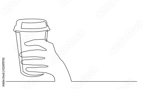 continuous line drawing of hand holding cup of coffee with lid