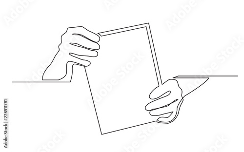 continuous line drawing of two hands holding blank sheet of paper