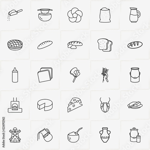 Bread & Milk line icon set with bread slice, milk can  and flour