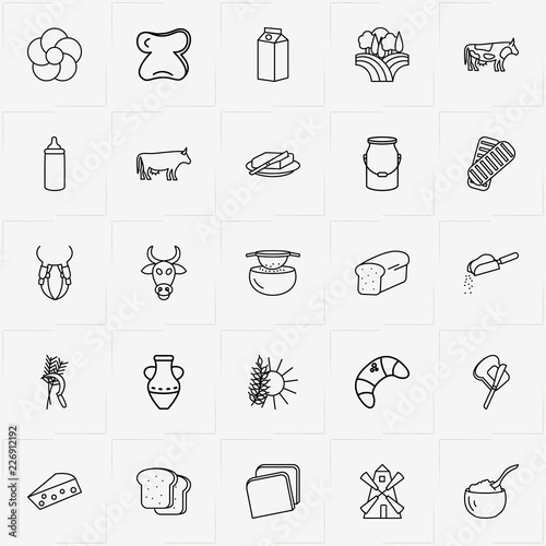 Bread & Milk line icon set with sift flour, child milk bottle  and bun