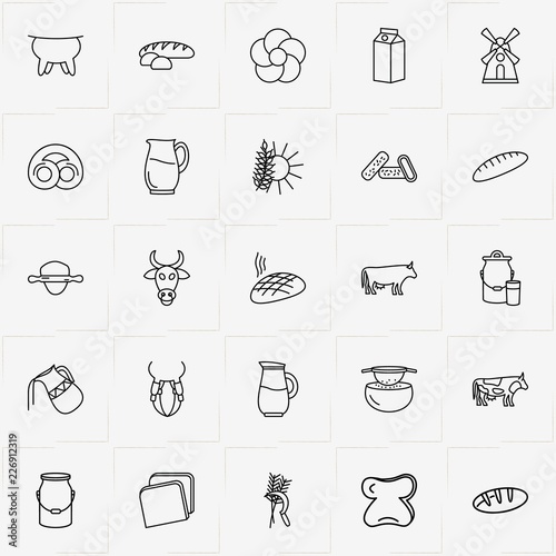 Bread & Milk line icon set with bun, jug and roll out dough