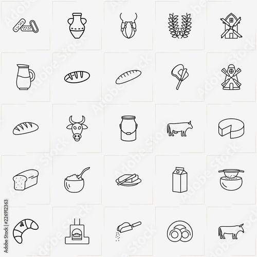 Bread & Milk line icon set with butter, bread and cottage cheese