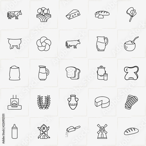 Bread & Milk line icon set with cow, bread slices and milk can