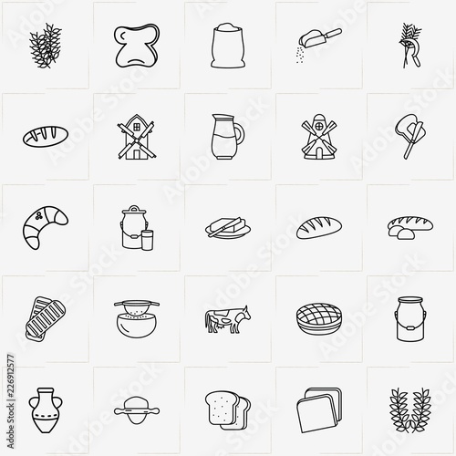 Bread & Milk line icon set with butter, jug and bun