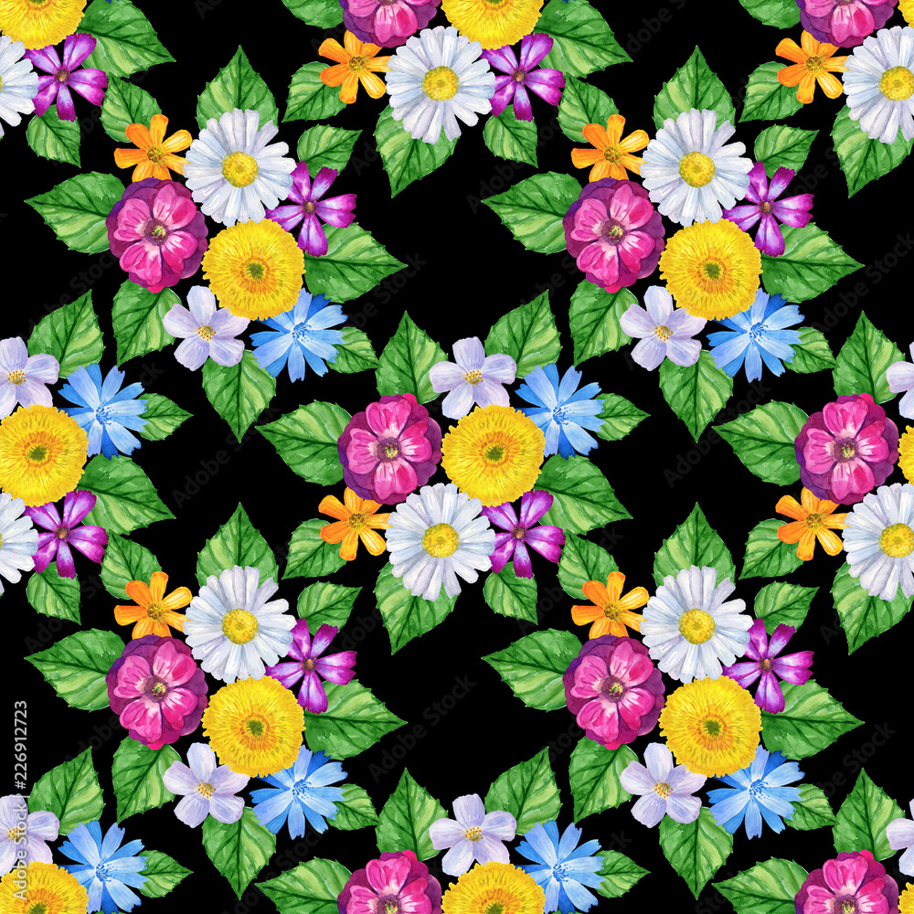 Seamless pattern with colorful flowers on black background. Watercolor hand drawn illustration.