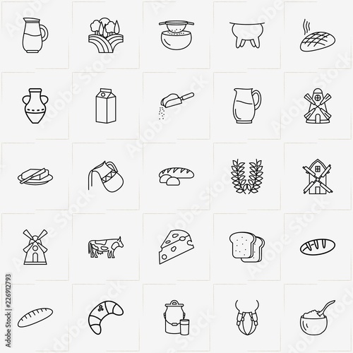 Bread & Milk line icon set with udder, bread and bun