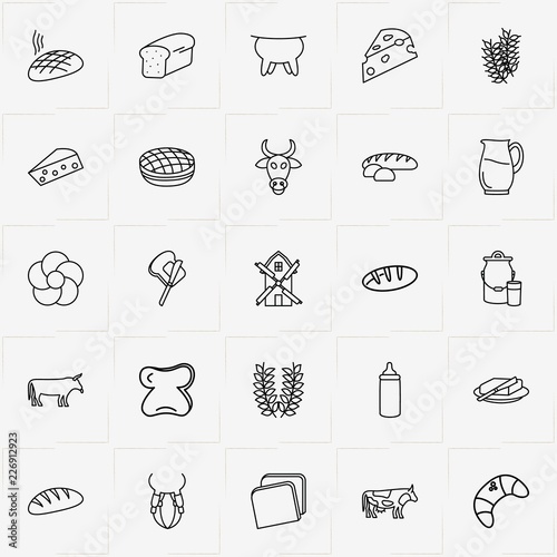 Bread & Milk line icon set with mill, jug and butter on bread