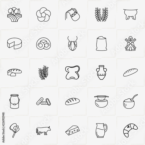 Bread & Milk line icon set with bread roll , udder and cottage cheese